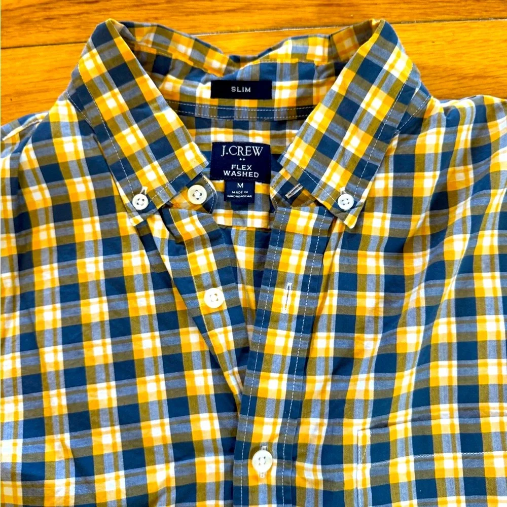 J. Crew Men's Blue and Yellow Plaid Shirt Size Medium
